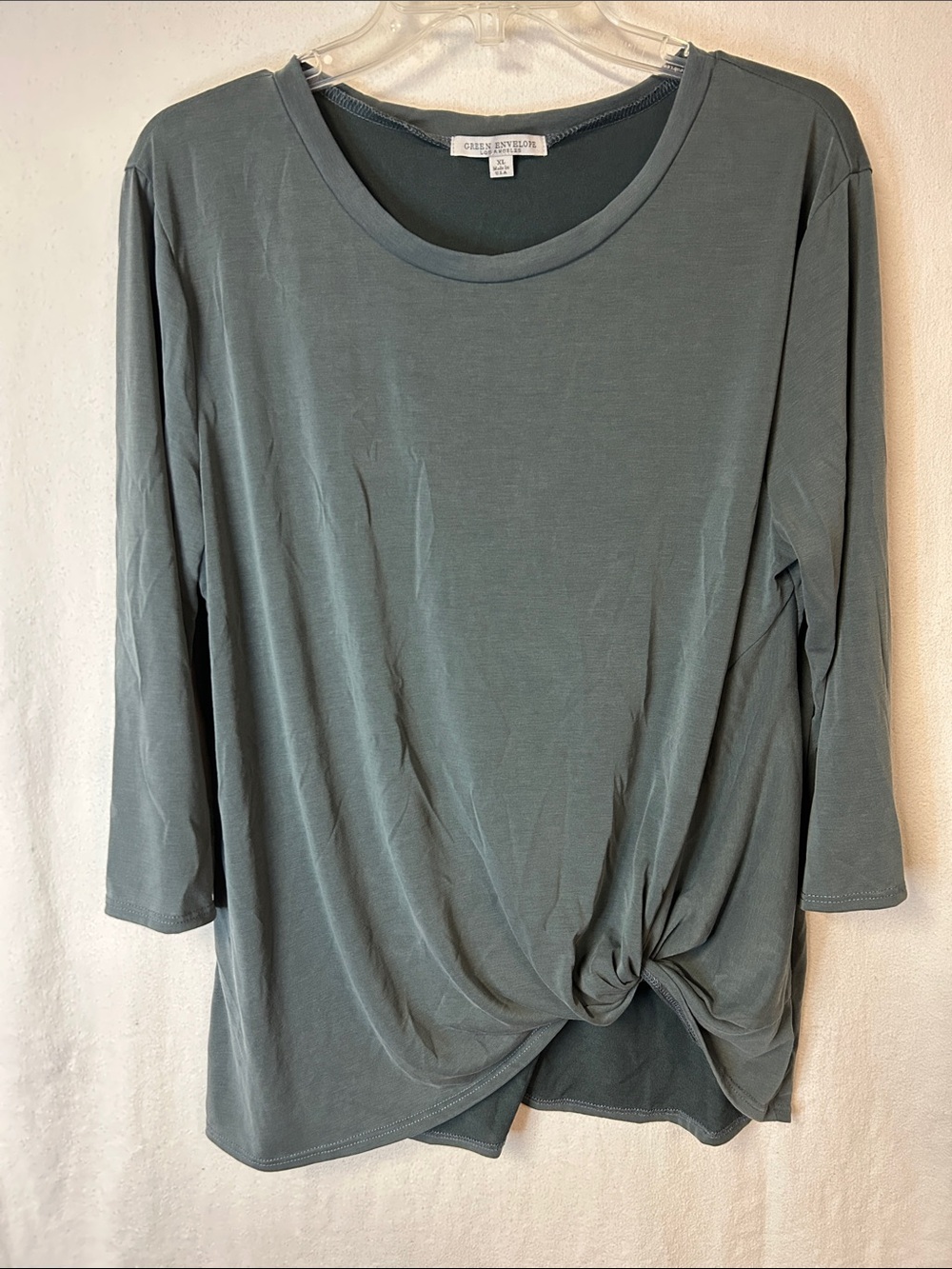 Green Envelope 3/4 Sleeve Twist-Knot Top in Teal Gray Size XL